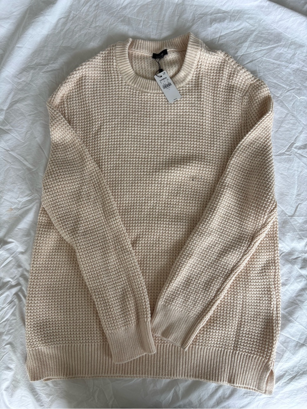 Express NWT Men's Oversized Cotton Waffle Knit Crewneck Sweater Cream Size L